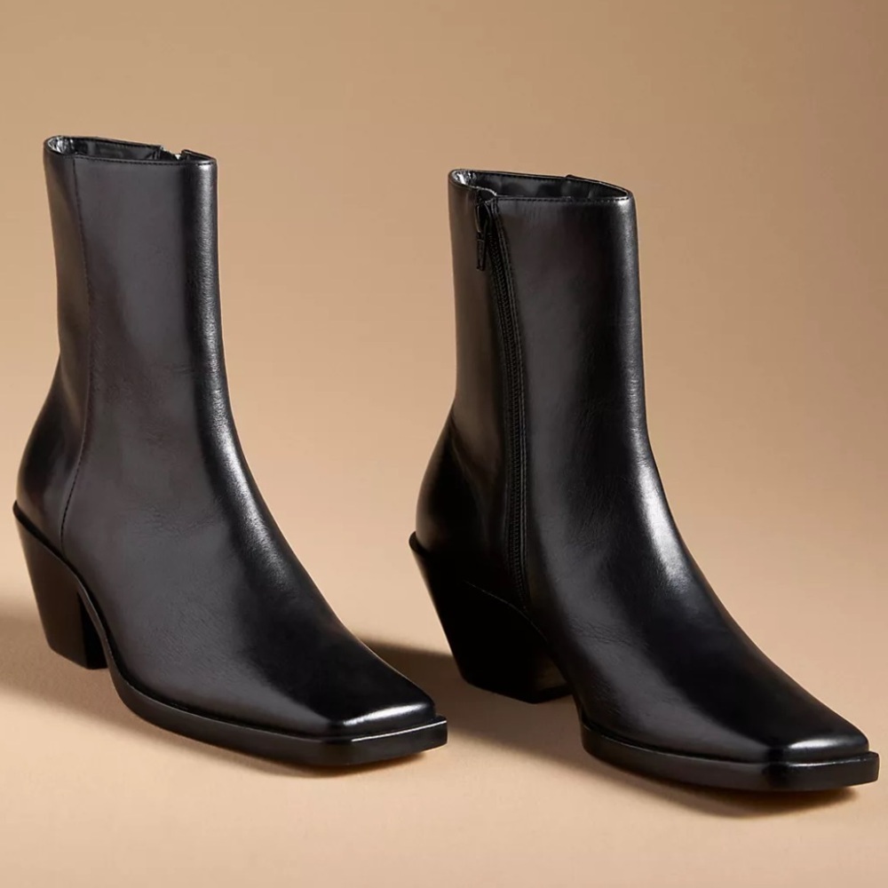 By Anthropologie Square Toe Leather Boots Size 36 Black Made In Brazil Side Zip - Picture 2 of 13